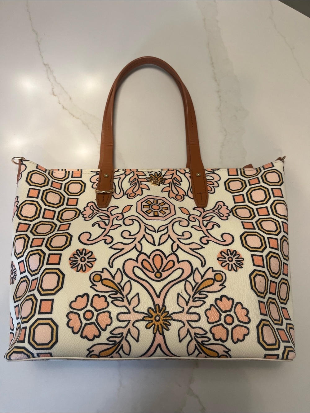 Tory Burch Cream Canvas Floral-Print Tote with Tan Leather Handles